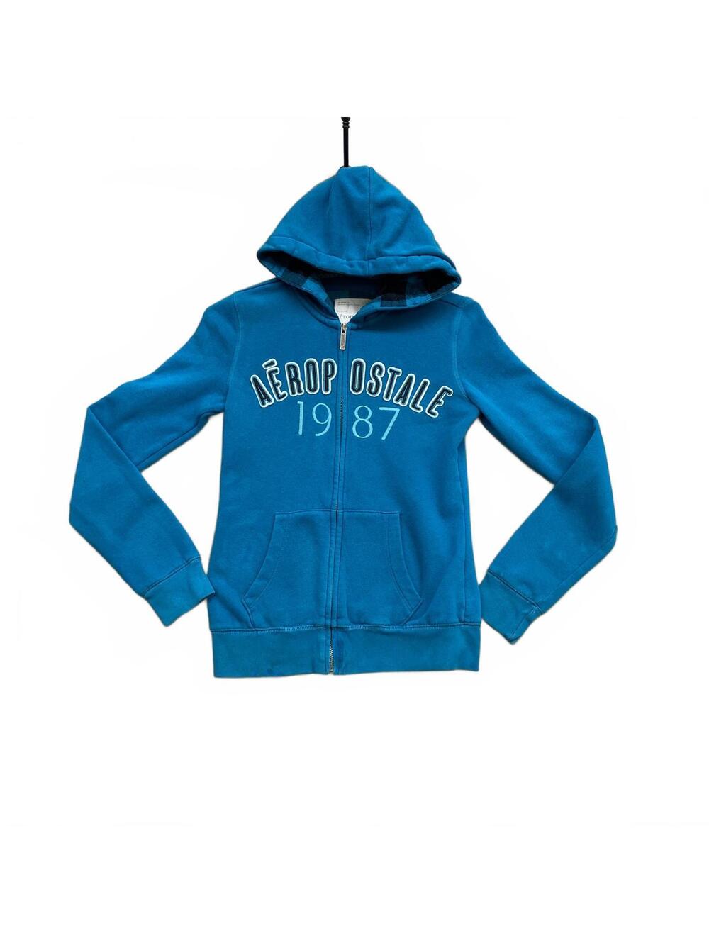 Vintage Aéropostale Turquoise Full Zip Hoodie Plaid Hood Lining XS Y2K 1987 Logo